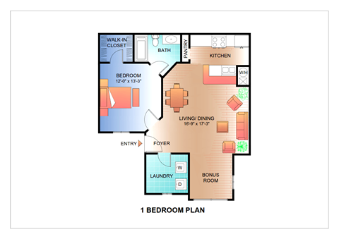Floor plan for 1 bed, 1 bath, 800 sqft